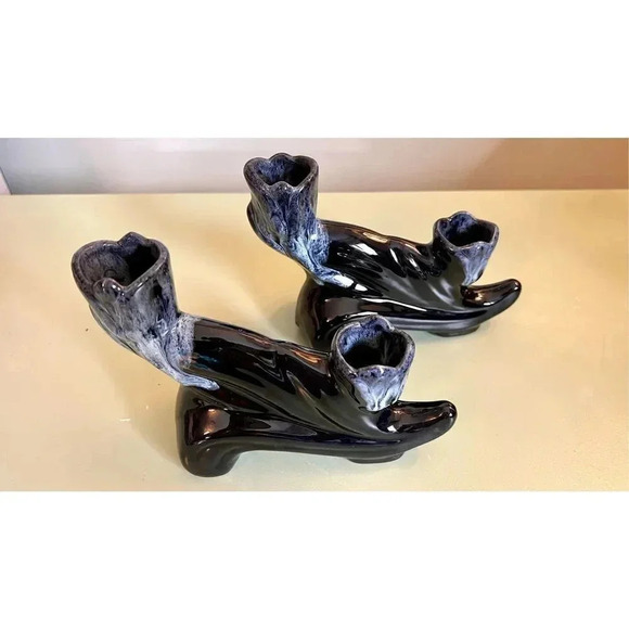 Vintage Anna Van Briggle Two Candle Holder Single unit Blue Drip Glaze cat - Picture 5 of 13